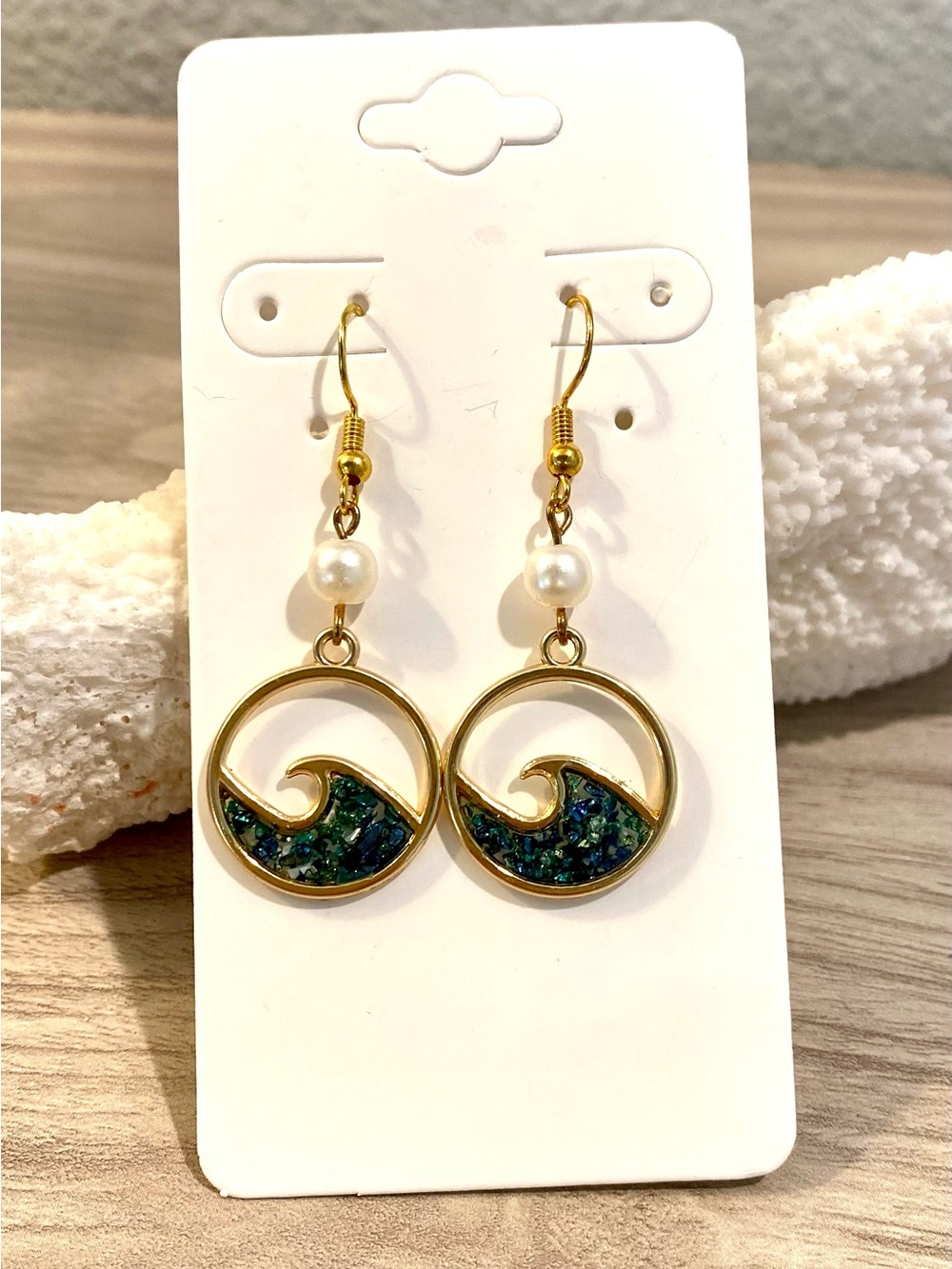 97. Gold Wave Earrings with Pearl Accent, Sanibel island beach sand, and glitter